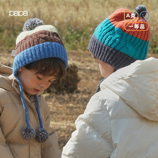 papa爬爬冬季儿童帽子拼色毛线针织帽男女宝宝护耳可爱洋气时髦 深棕色 54cm