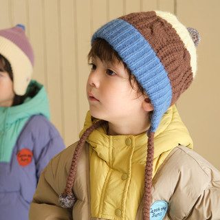 papa爬爬冬季儿童帽子拼色毛线针织帽男女宝宝护耳可爱洋气时髦 深棕色 54cm
