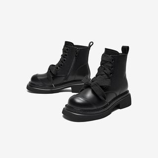 BASTO 百思图 时尚运动休闲马丁靴粗跟圆头女短靴ZD516DD3 黑色 37