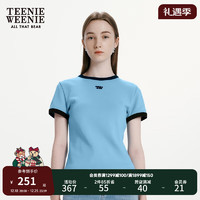 Teenie Weenie小熊女装2024早春复古美式休闲罗纹撞色短袖T恤 蓝色 170/L