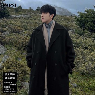 PAPSL 黑色毛呢大衣套装男秋冬季韩版中长款英伦西装风衣外套