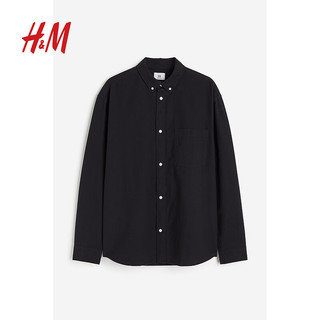 H&M男装衬衫冬季纯色贴袋简单长袖上衣1036739 黑色030 165/84A