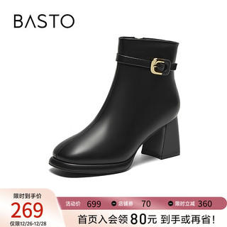 百思图时尚简约休闲时装靴粗高跟女短靴HD955DD3 黑色 39