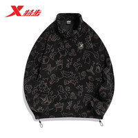 XTEP 特步 外套男2022冬男装满印羊羔绒保暖加厚立领夹克棉衣上衣男 正黑色 L