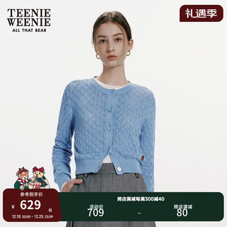 Teenie Weenie小熊女装2024早春镂空钩花气质短款针织开衫外套 蓝色 160/S