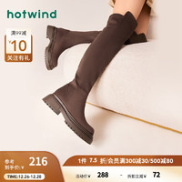 热风冬季女士时尚显瘦厚底弹力瘦瘦靴纯色粗跟长筒靴长靴 02棕色 35