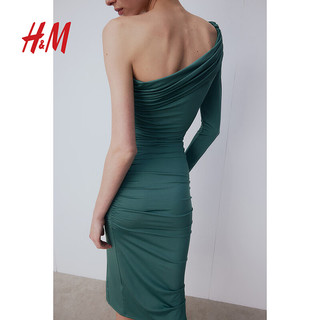 H&M女装连衣裙2023时尚气质垂坠感碎褶修身露肩中长裙1195504 深蓝绿色 160/88A (S)