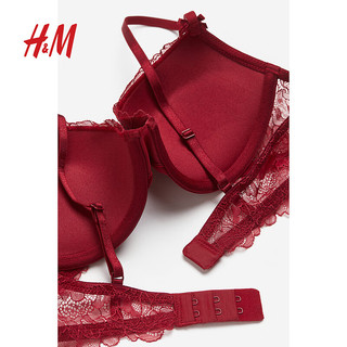H&M女士内衣舒适透气法式花样蕾丝可调节肩带聚拢型文胸1183098 深红色 A70