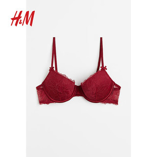 H&M女士内衣舒适透气法式花样蕾丝可调节肩带聚拢型文胸1183098 深红色 A70