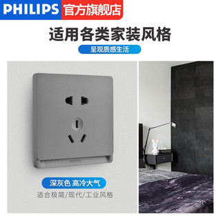 飞利浦（PHILIPS）开关插座面板内嵌钢架昕皓带LED开关暗装多联连体边框灰 斜五孔插座(10A)*10只装