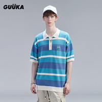 GUUKA 古由卡 潮牌蓝白条纹冰丝短袖POLO衫男青少年嘻哈刺绣五分袖T恤宽松