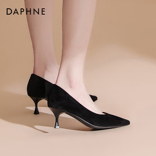 DAPHNE 达芙妮 高跟鞋女黑色绒面细跟2022款一脚蹬职业气质正装尖头单鞋 绒黑（5cm跟高） 39