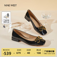 NINE WEST/玖熙低跟单鞋牛漆皮浅口方头金属饰扣工作女鞋N112010039 黑色38