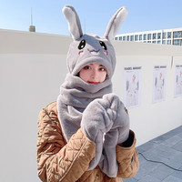 岚影 小兔子会动的耳朵帽女冬季围脖可爱毛绒围巾一体三件套保暖帽子潮