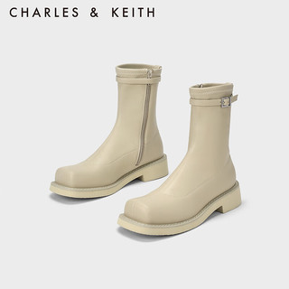 CHARLES&KEITH23冬季方头加绒内里拉链粗跟短靴女CK1-90380146 粉白色Chalk 37