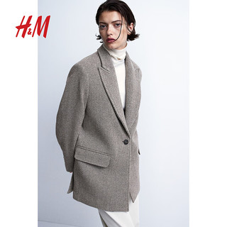 H&M【致臻系列】女装西装单排扣羊毛长袖外套1160909 米灰色/条纹 155/76A