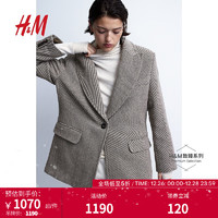 H&M【致臻系列】女装西装单排扣羊毛长袖外套1160909 米灰色/条纹 155/76A