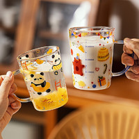 摩登主妇 原创玻璃水杯家用耐高温带刻度杯子好看的果汁牛奶杯 小号把杯（划水熊猫） 350ML-带刻度