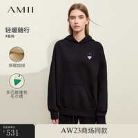 AMII2023冬活力减龄连帽撞色绣花加绒卫衣女几何口袋休闲上衣 黑色 160/84A/M