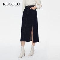 洛可可（ROCOCO）2023早秋深蓝色复古设计感开衩一步裙女 牛仔蓝 S