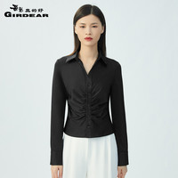 哥弟真的好女装通勤修身翻领褶皱色泽衬衫女衬衣8300132 黑 M(3码)