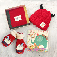 圣诞新年送儿童帽子围巾手套三件套2-14岁幼儿园小朋友子小卡通【礼盒装】 红色款-大儿童（6-12岁）
