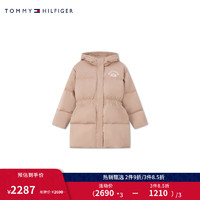 TOMMY HILFIGER 童装女刺绣保暖鸭绒中长连帽羽绒服TH2342068 卡其色001 M/150cm