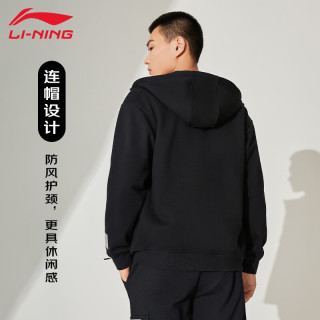 LI-NING 李宁 韦德外套男加绒秋冬新款保暖连帽开衫卫衣拉链跑步运动上衣 黑色-连帽加绒外套-韦德系列 L/175