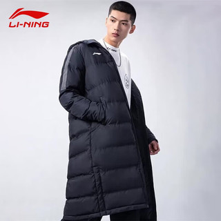 李宁（LI-NING） 棉服男长款过膝棉服冬季加厚保暖连帽羽绒服运动外套 黑色（棉服） M