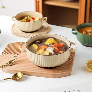 KAWASIMAYA 川岛屋 双耳汤碗家用2021新款大号盛汤大碗泡面碗北欧餐具陶瓷汤盆 6英寸双耳面碗(卡其色)