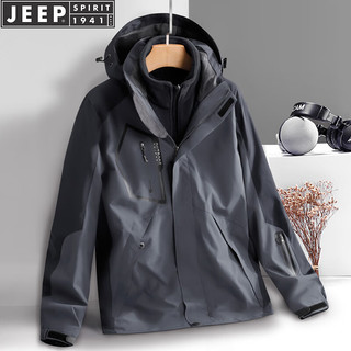 JEEP SPIRIT 吉普冲锋衣夹克男秋冬外套加厚三合一户外运动服男装 卡其 2XL