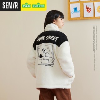 Semir 森马 厚外套女秋冬刺绣撞色字母宽松仿羊羔绒上衣夹克外套