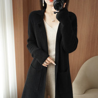 孜茜 秋冬新款羊毛衫开衫女中长款宽松休闲100%纯羊毛加厚毛衣外套针织衫 黑色 XL