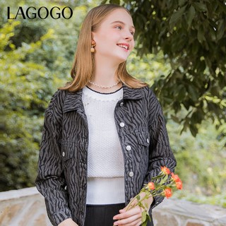 Lagogo2021方领单排扣斑马纹印花牛仔外套女KCWW508A70