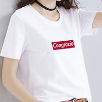 Congrazio 格瑞吉奥 100%棉时尚韩版纯色字母印花短袖t恤女学生休闲女装上衣