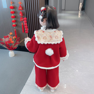 婧麒（JOYNCLEON）女童套装冬装儿童国风拜年汉服唐装加绒夹棉宝宝过年喜庆周岁衣服 红色 80cm