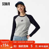 森马（Semir）永久联名长袖T恤女刺绣抽绳2024春修身针织衫 灰蓝色调00328 155/80A/S