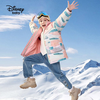 迪士尼童装女童拼接中长款鹅绒羽绒服冬时尚洋气保暖卡通外套 橘粉色拼接 110