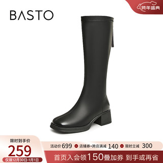 BASTO 百思图 23冬季时尚西部骑士靴粗跟女棕色长筒靴子MD352DG3 黑色 35