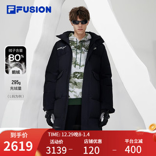 FILA FUSION斐乐潮牌长款羽绒服男时尚休闲连帽外套上衣 正黑色-BK 165/88A/S