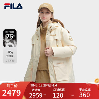 FILA 斐乐女士中长款羽绒服2023冬时尚休闲舒适连帽外套 茭白-IV 170/88A/L