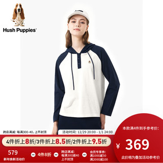 Hush Puppies暇步士女装2024春美式复古华夫格连帽针织衫女 368蓝白 XS