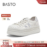 BASTO 百思图 2024春季时尚运动休闲板鞋厚底圆头女休闲鞋EA624AM4 米/银 37