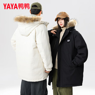 鸭鸭（YAYA）羽绒服中长款户外连帽大毛领男女同款保暖外套JS 米色 2XL