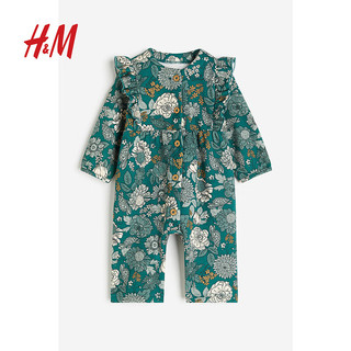 H&M 童装女婴连身衣柔软钮扣洋气哈衣爬服1087633 绿松石色/花卉 90/48