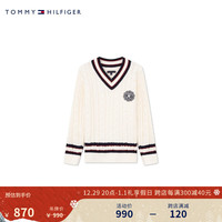 TOMMY HILFIGER童装男含羊毛学院拼色V领绞花针织毛衣TH2342028 米白色001 5/110cm