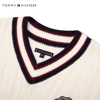 TOMMY HILFIGER童装男含羊毛学院拼色V领绞花针织毛衣TH2342028 米白色001 5/110cm