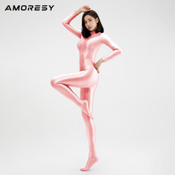 AMORESY Mnemosyne系列高光泽竞技冲浪连体温泉显瘦前拉紧身泳装 粉色 XL