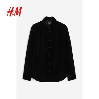 H&M秋季男装标准版型天鹅绒衬衫1201018 黑色 170/92A