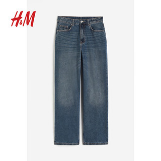 H&M女装牛仔裤冬季宽松直筒高腰休闲长裤5袋式1160547 深牛仔蓝 32P